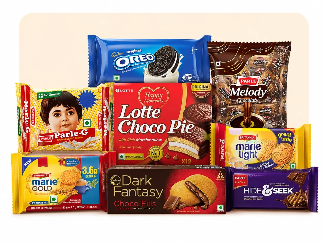 Examples of branded biscuit and snack packaging